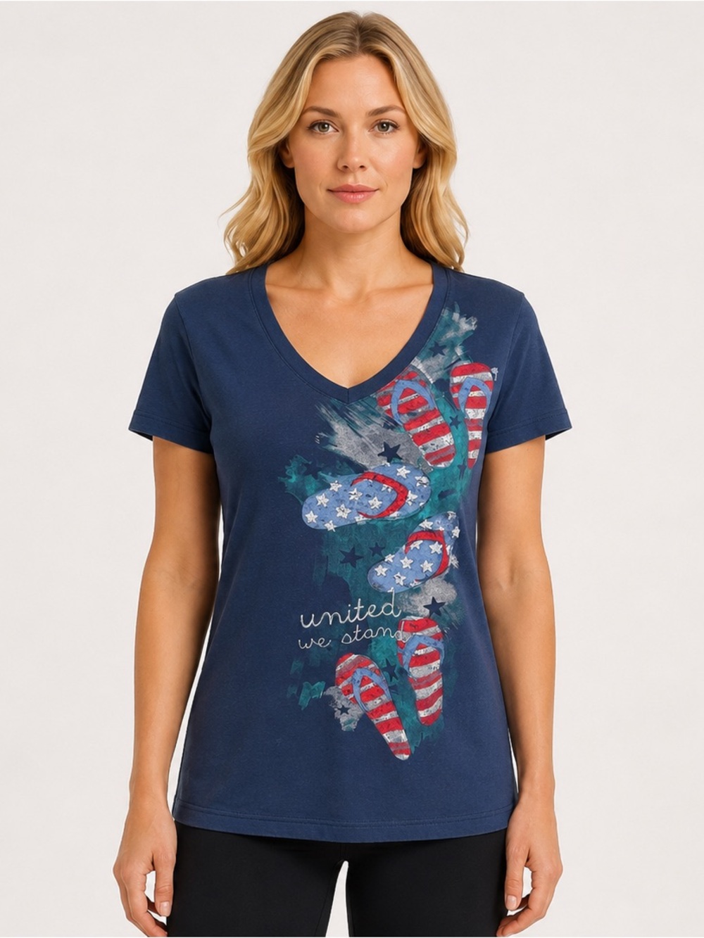 Navy "United We Stand" Patriotic Flag Flip Flops V-Neck T-Shirt Size Medium